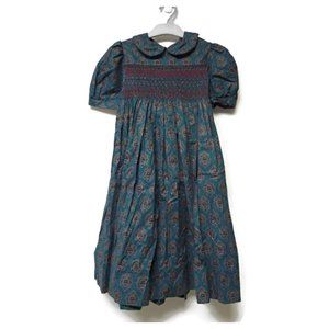 90s printed green hand smocked puff sleeves dress